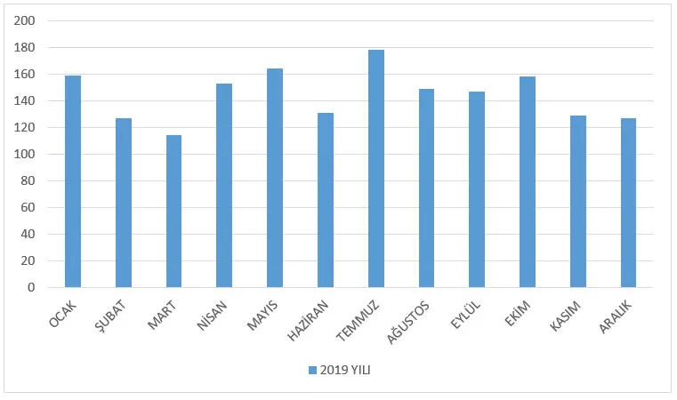 2019 yılında aylara göre iş kazası ölümlerini gösteren sütun grafik