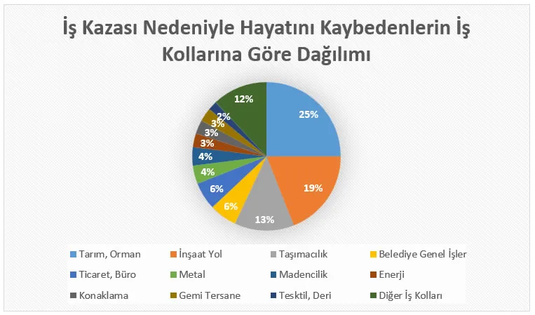 İş kollarına göre iş kazası ölümlerinin dağılımını gösteren pasta grafik